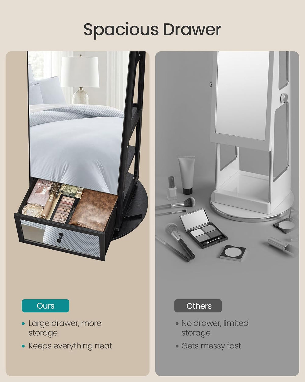 SONGMICS LED Jewelry Organizer, Full Length Mirror with Storage, Rotating