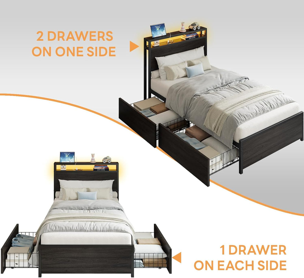 LIKIMIO Twin Bed Frame with DIY Layout Storage Drawers and LED Light