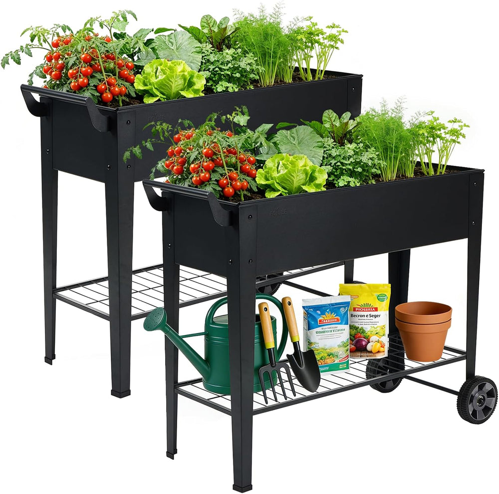 2-Pack 32" Tall Elevated Raised Garden Bed with Wheels and Shelf