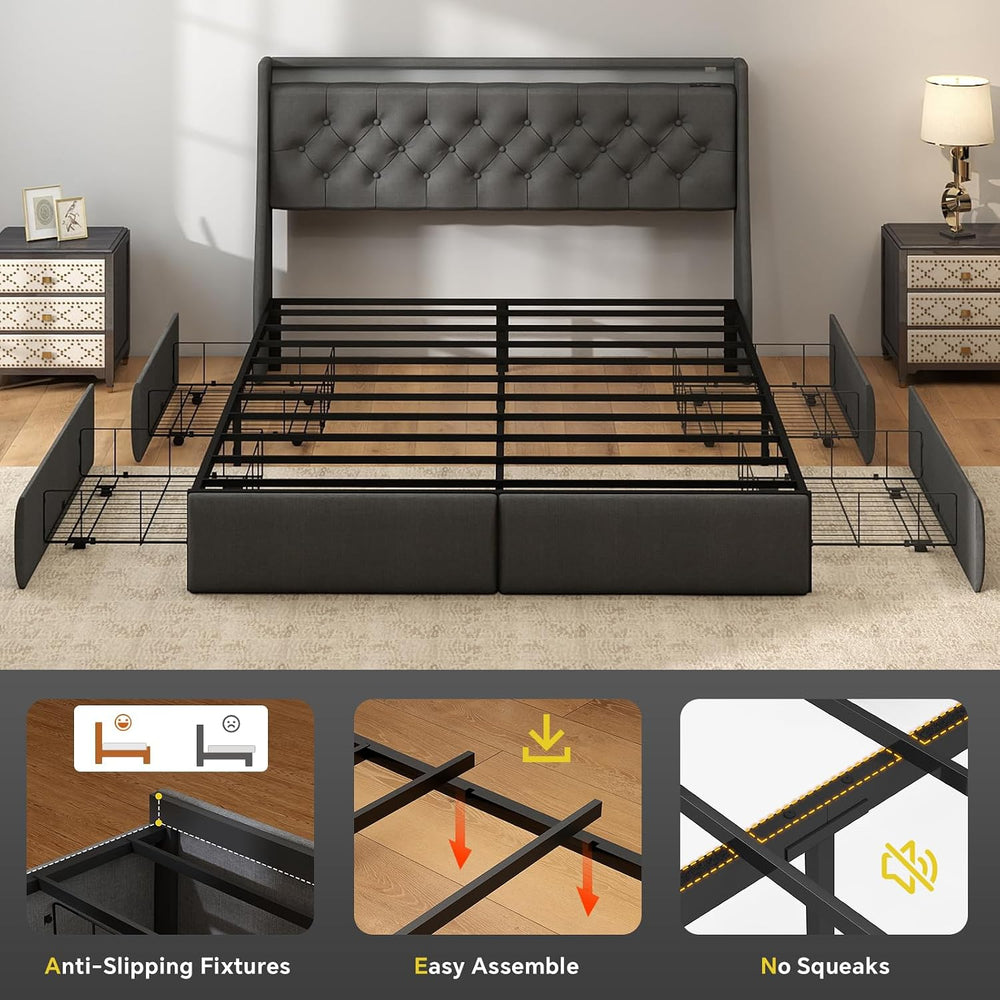 SADENICEL Queen Bed Frame with 4 Storage Drawer, Queen Size Bed Frame, Grey