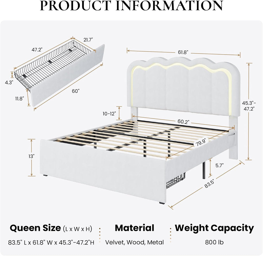 SHA CERLIN Queen Size Bed Frame with LED Lights and Storage Drawer, White
