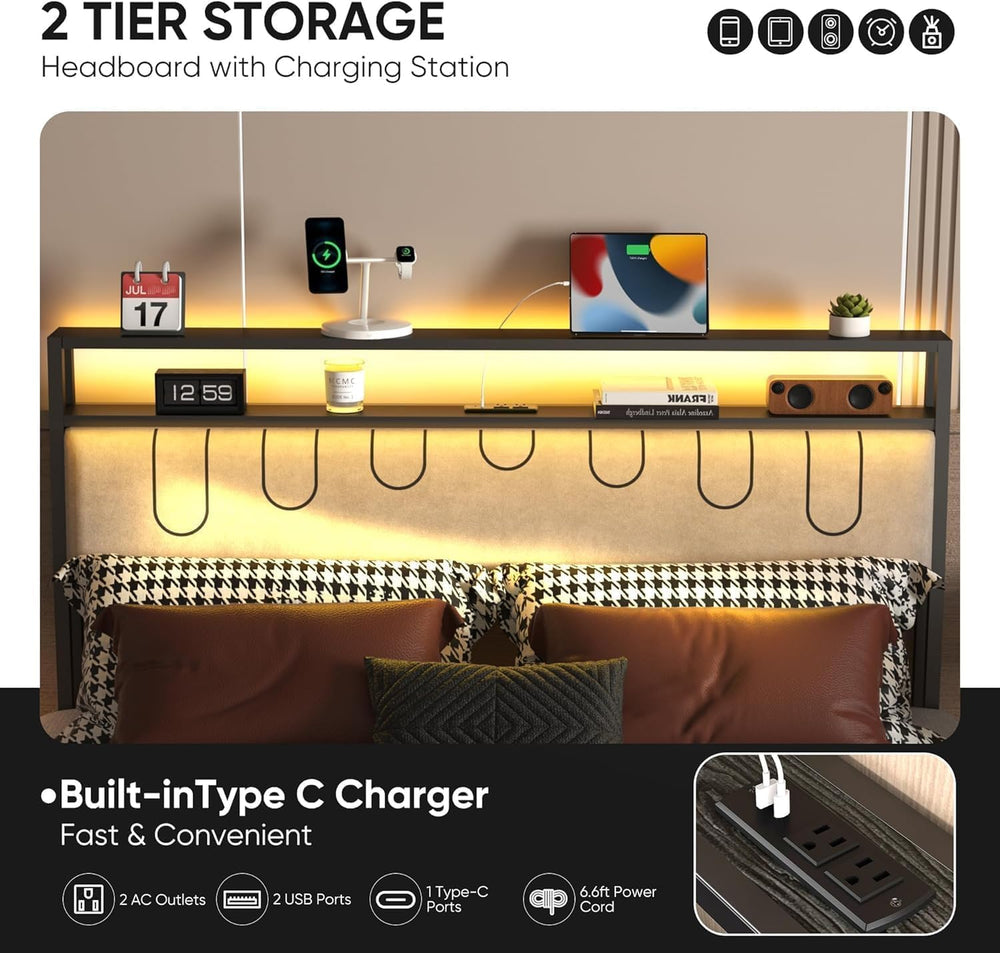 J.Fkne Full Bed Frames with Charging Station and LED Lights, Full Size Platfo...