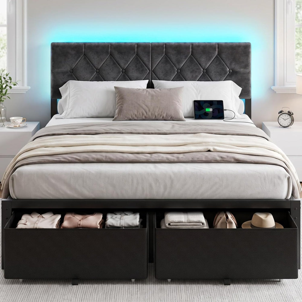 Queen Size Bed Frame with 2 Storage Drawers & Upholstered Headboard