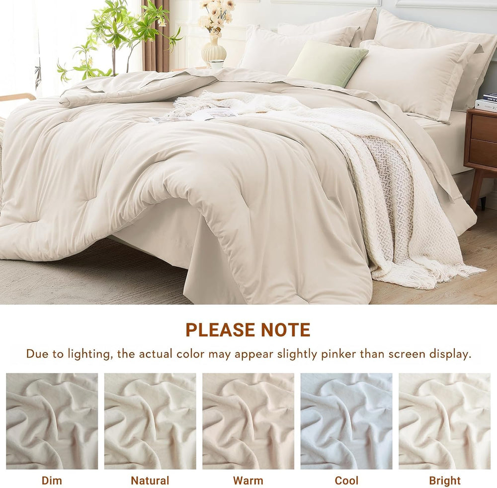 MUXHOMO Queen Comforter Set 7 Pieces, Soft Bed in a Bag, Beige