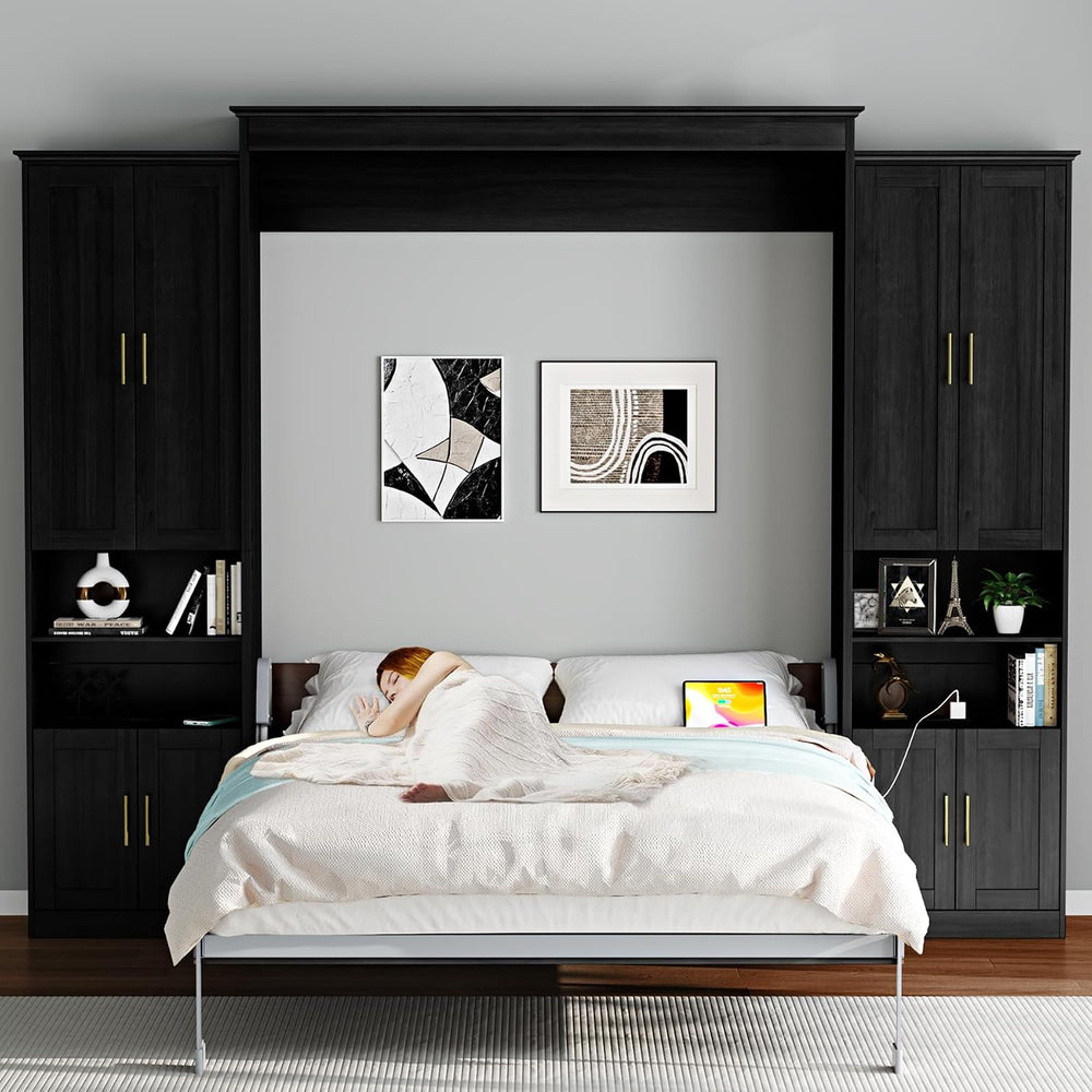 Rophefx Full Murphy Bed with 2 Side Cabinets, USB, Shelves,Black and Grey