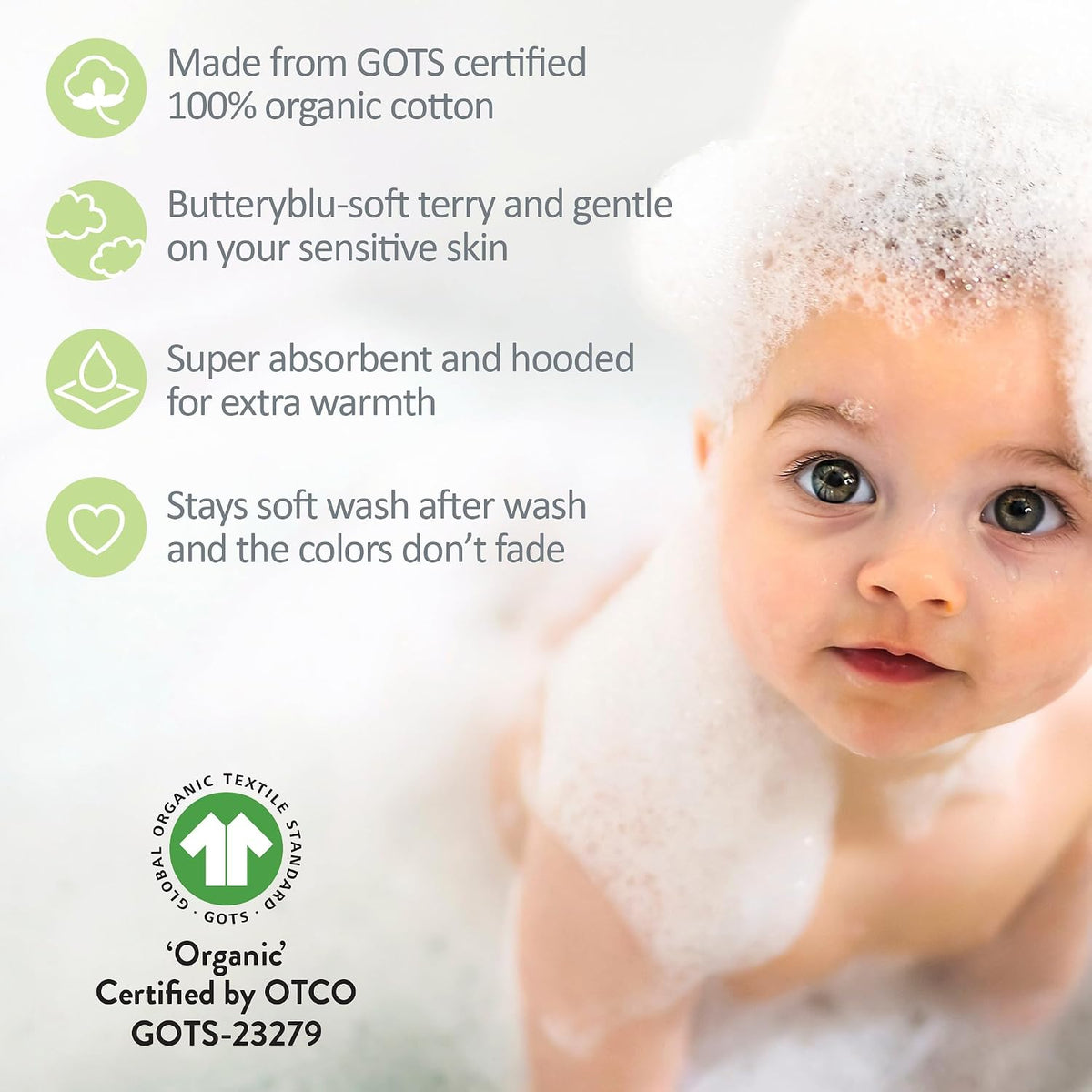 butterblu harper - 100% organic cotton hooded towels, front angle view