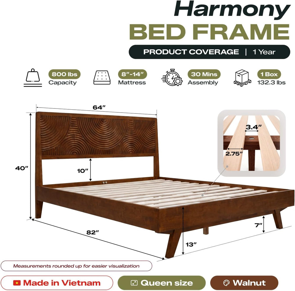 Acacia Harmony Queen Solid Wood Platform Bed Frame, No Box Spring, Walnut