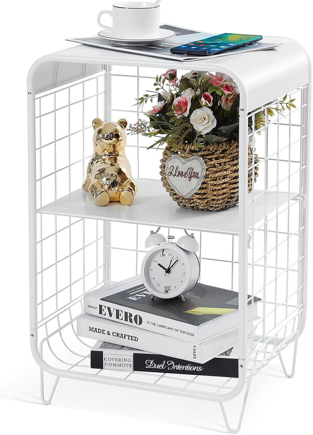 APEXCHASER Cute Nightstand,3 Tier Metal Side Table,White