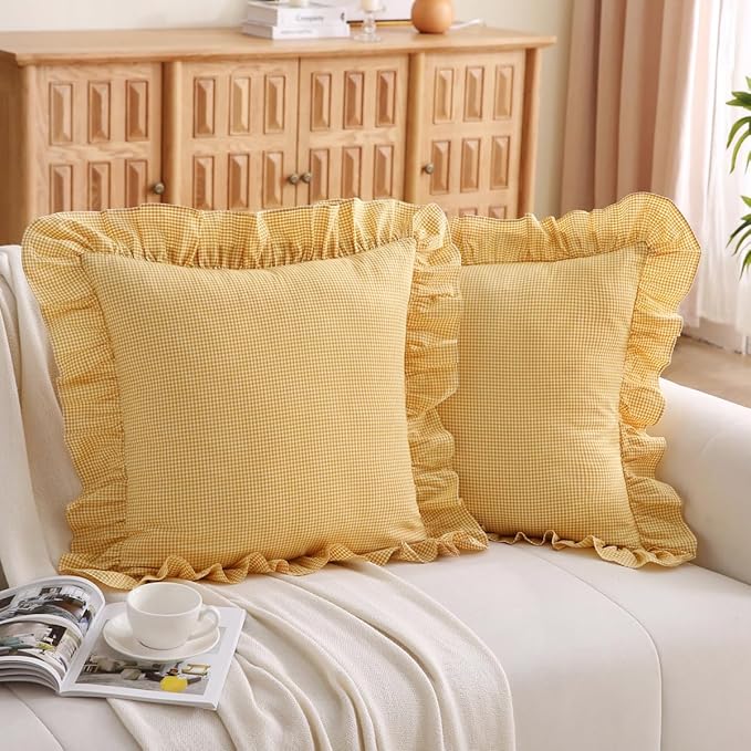 Vintage Yellow Plaid Ruffle Throw Pillow Covers, Washed Cotton Gingham - Image 8