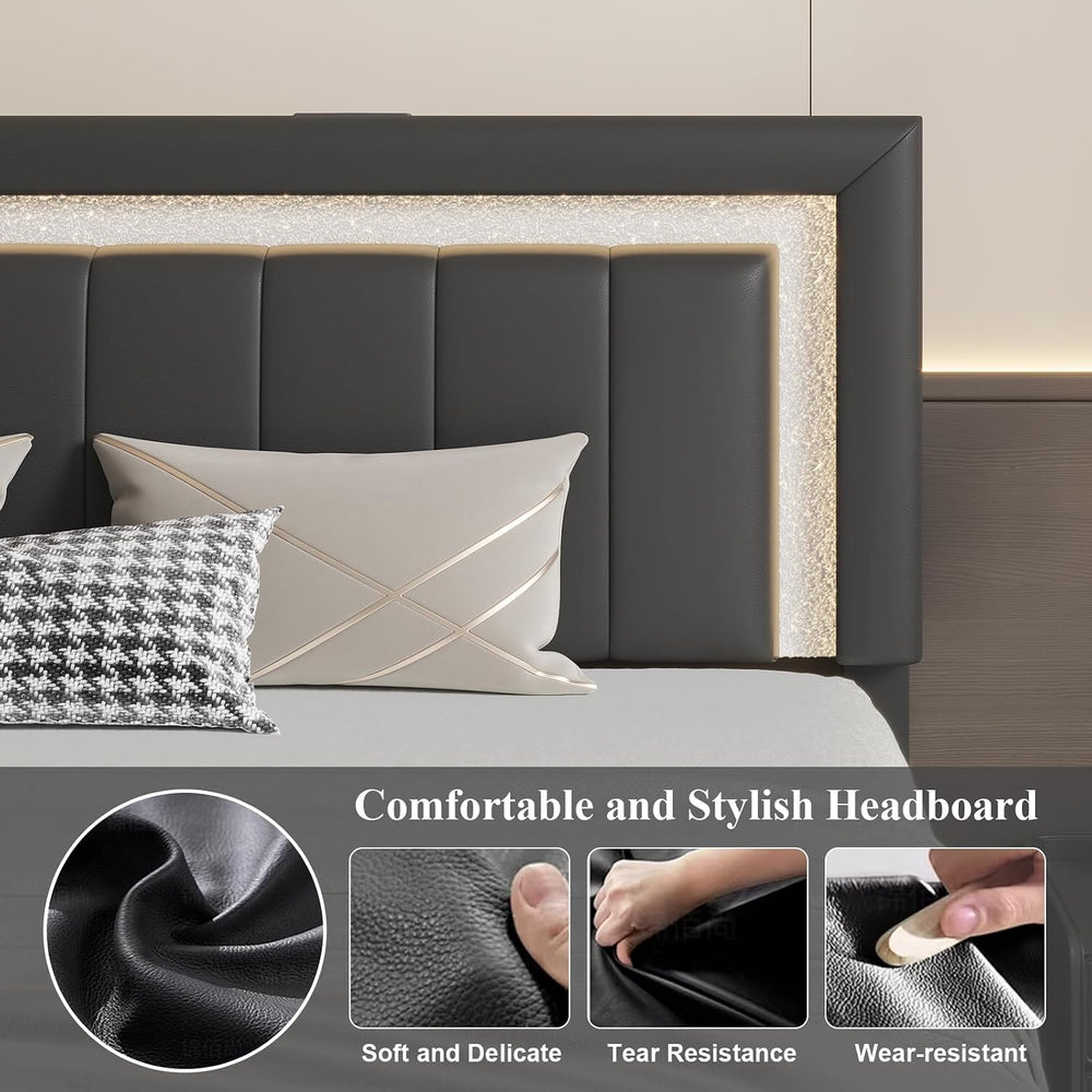 Full Bed Frame with Charging Station, Storage Drawers, Upholstered Black