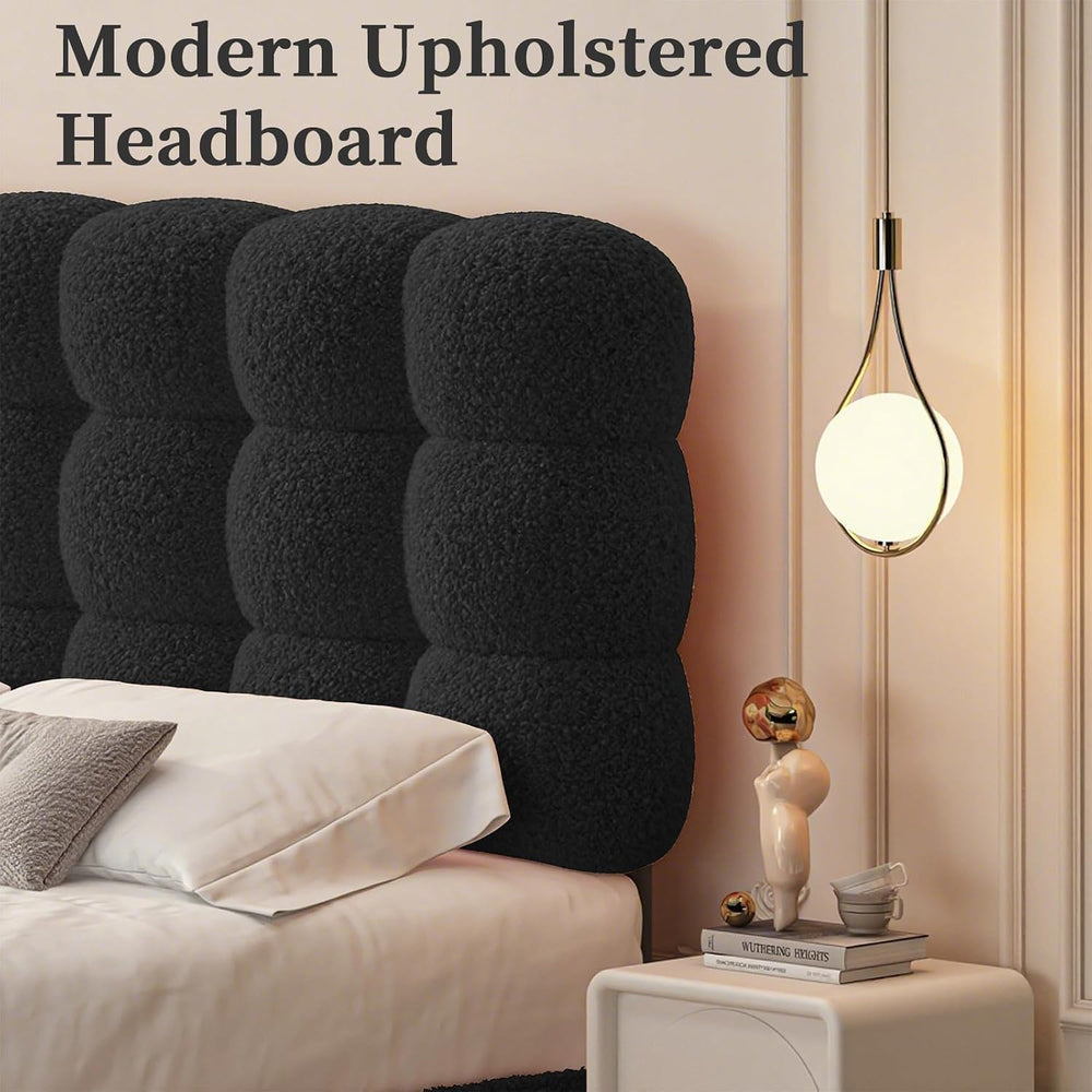 BarnFurin Queen Bed Frame, Soft Teddy Cloud Boucle Headboard, Black
