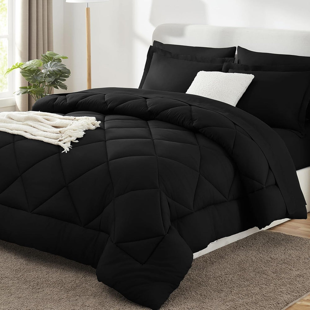 CozyLux Queen Comforter Set 88"x88" Black - 7 Piece Bed in a Bag