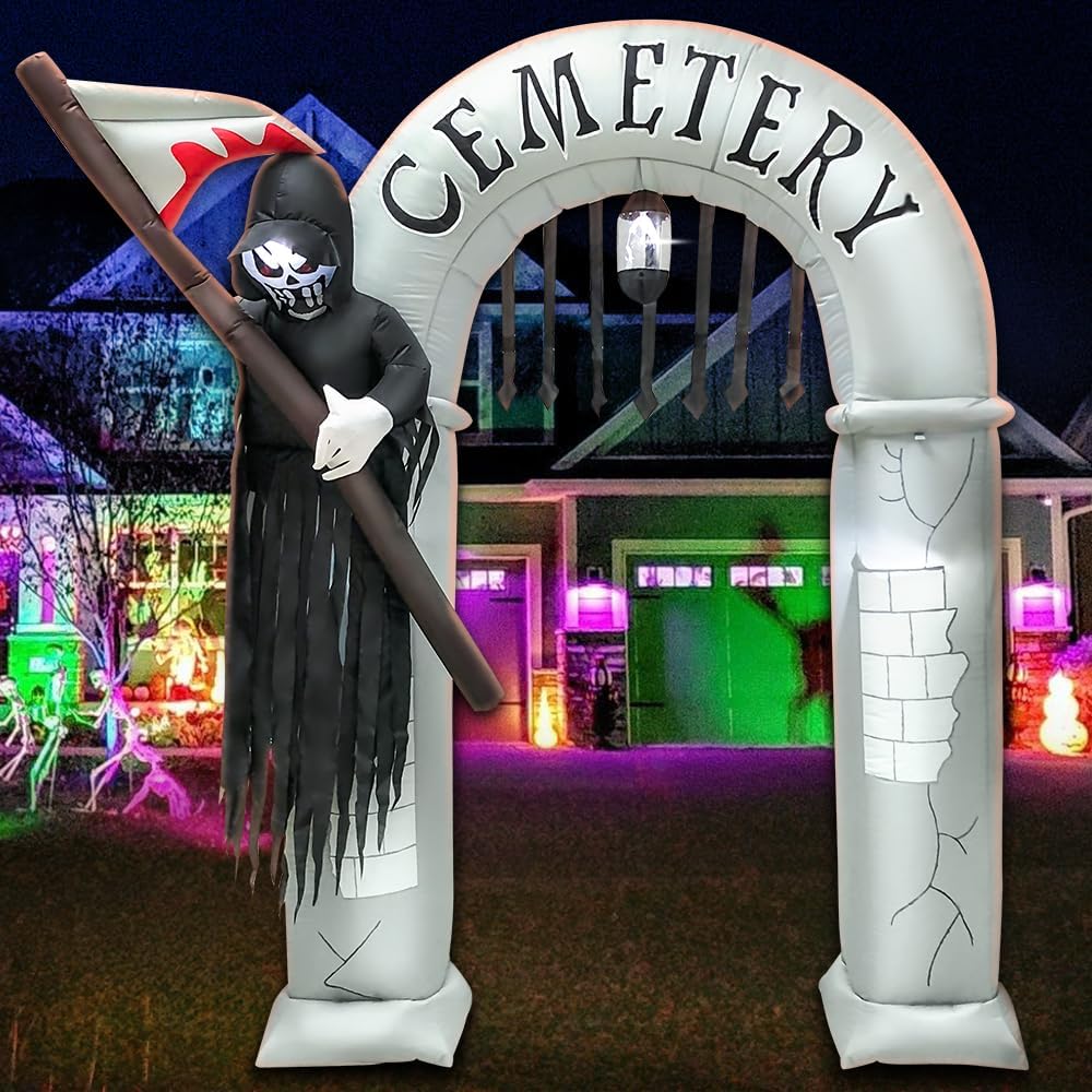 8FT Halloween Inflatables Archway Decoration with Led Light Spooky Scary Halloween Inflatables Grim Reaper Outdoor Decorations Blow up Inflatables for Halloween Holiday Party Lawn Yard Garden Décor