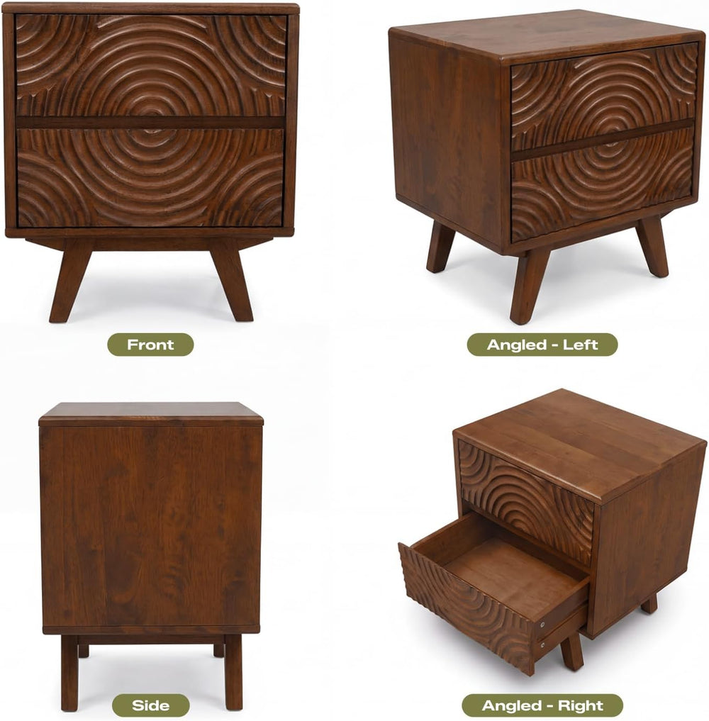 Acacia Harmony Solid Wood Nightstand with 2 Drawers, Bedside Table, Walnut