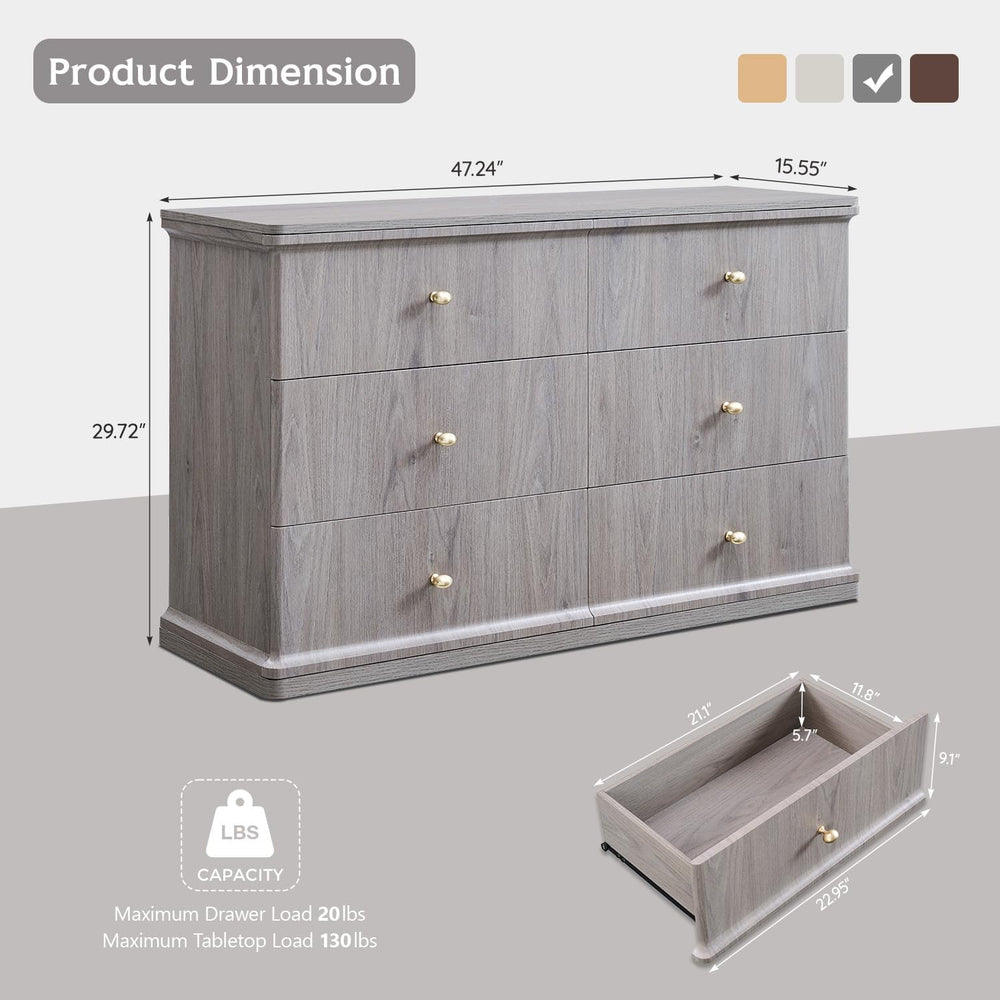 Modern 6 Drawers Dresser for Bedroom, 47" Wide Dressers, Light Grey