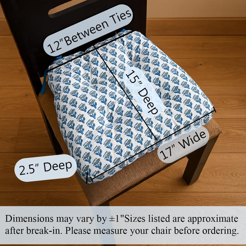 CPC Apatite Blue Block Print Cotton Chair Cushions 16x15x4 Inch, Set of 2