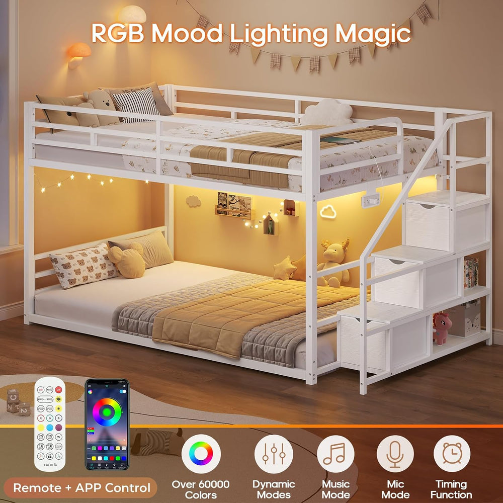 ADORNEVE Low Bunk Bed Twin Over Twin with Storage Stairs, White
