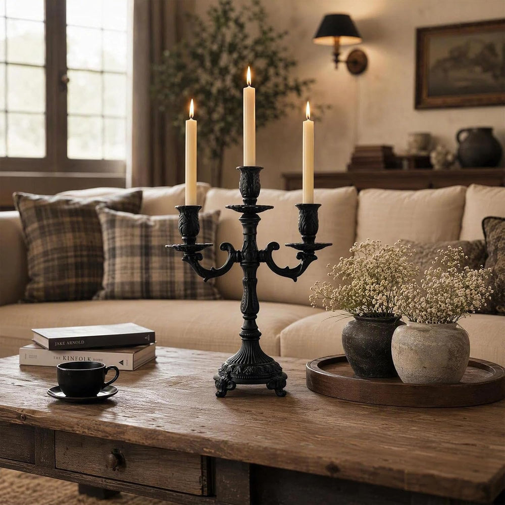 3-Arm Metal Candelabra, Black Halloween Centerpiece Taper Holder