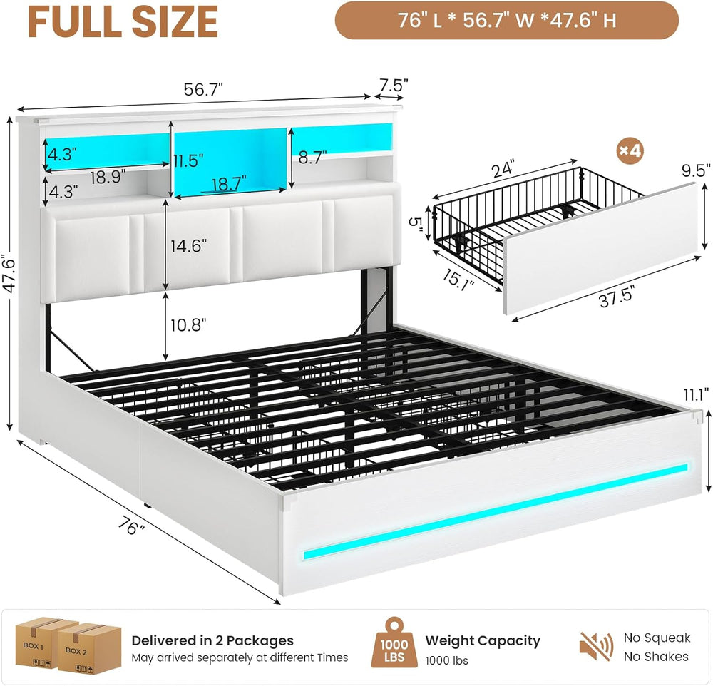 AOGLLATI Full Size Bed Frame with 4 Storage Drawers and Headboard,White