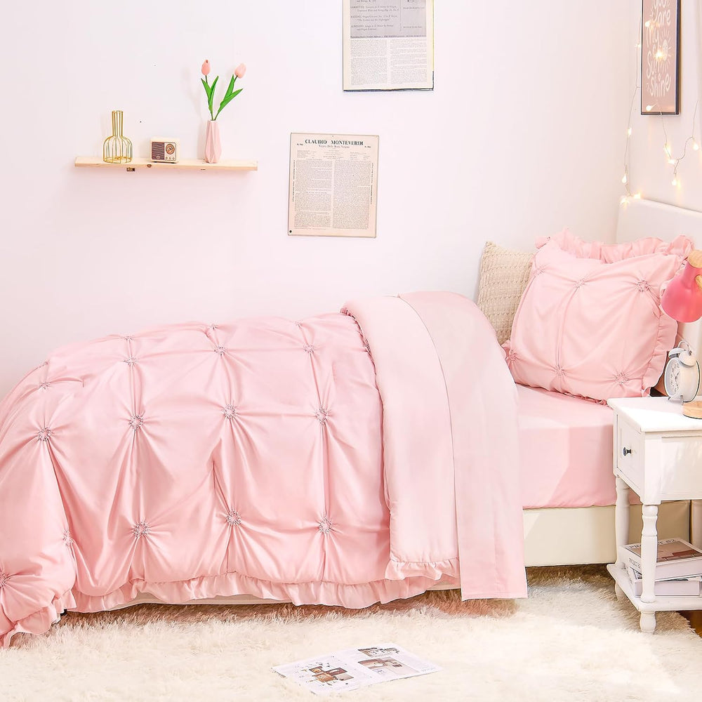 Twin Comforter Set for Girls, Boho Pintuck Bedding Comforter Sets, 4 Pieces R...