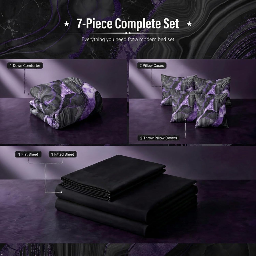 Erosebridal Black Grey Marble 7 Pcs Comforter Set, Purple Marbling Queen