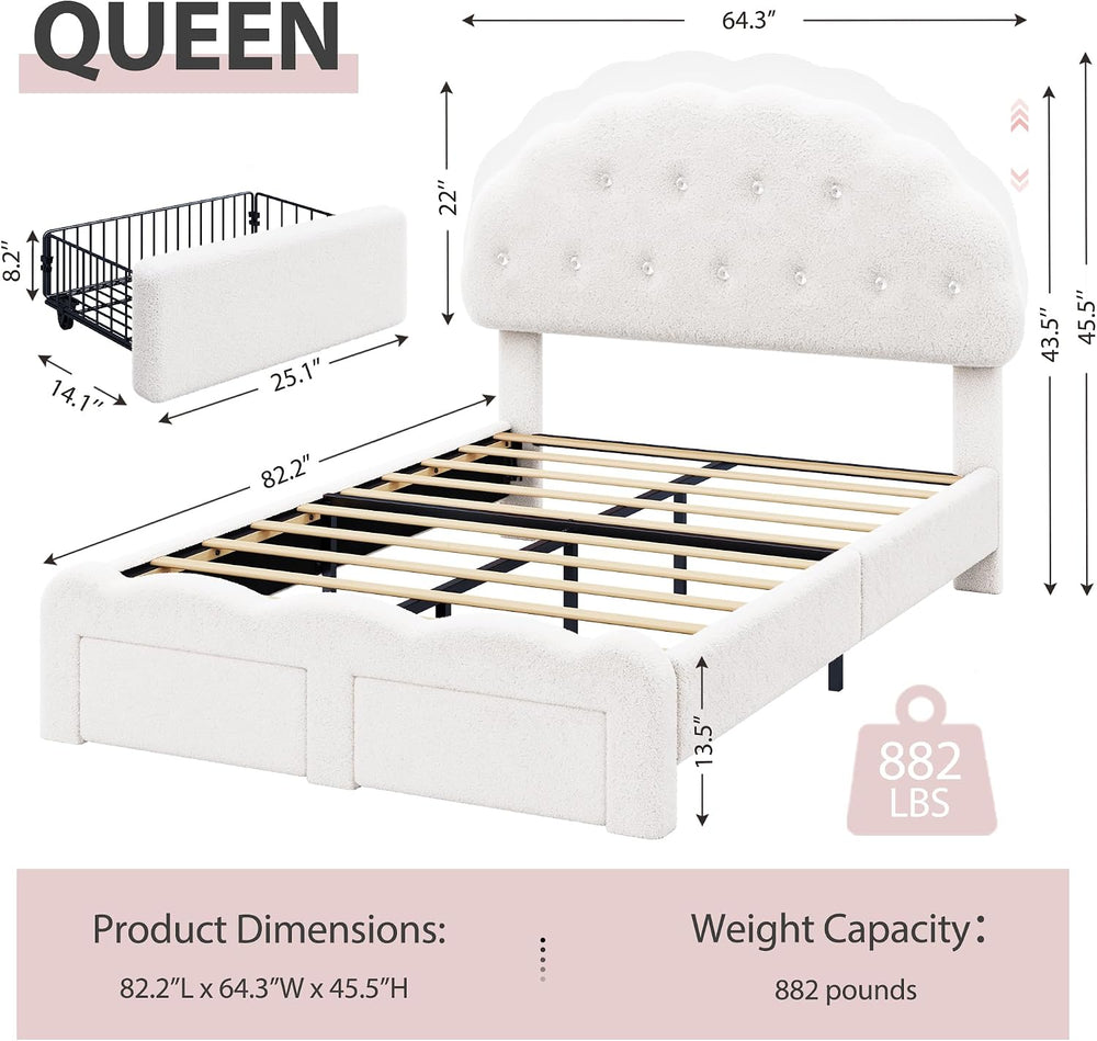Decofy Queen Bed Frame with 2 Storage Drawers, Cloud Cookie Queen Size Uphols...