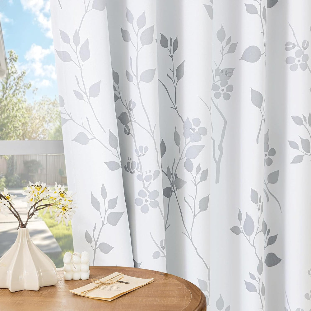 Beauoop Floral 100% Blackout Curtains for Bedroom Grey White 52X84 2 Panels