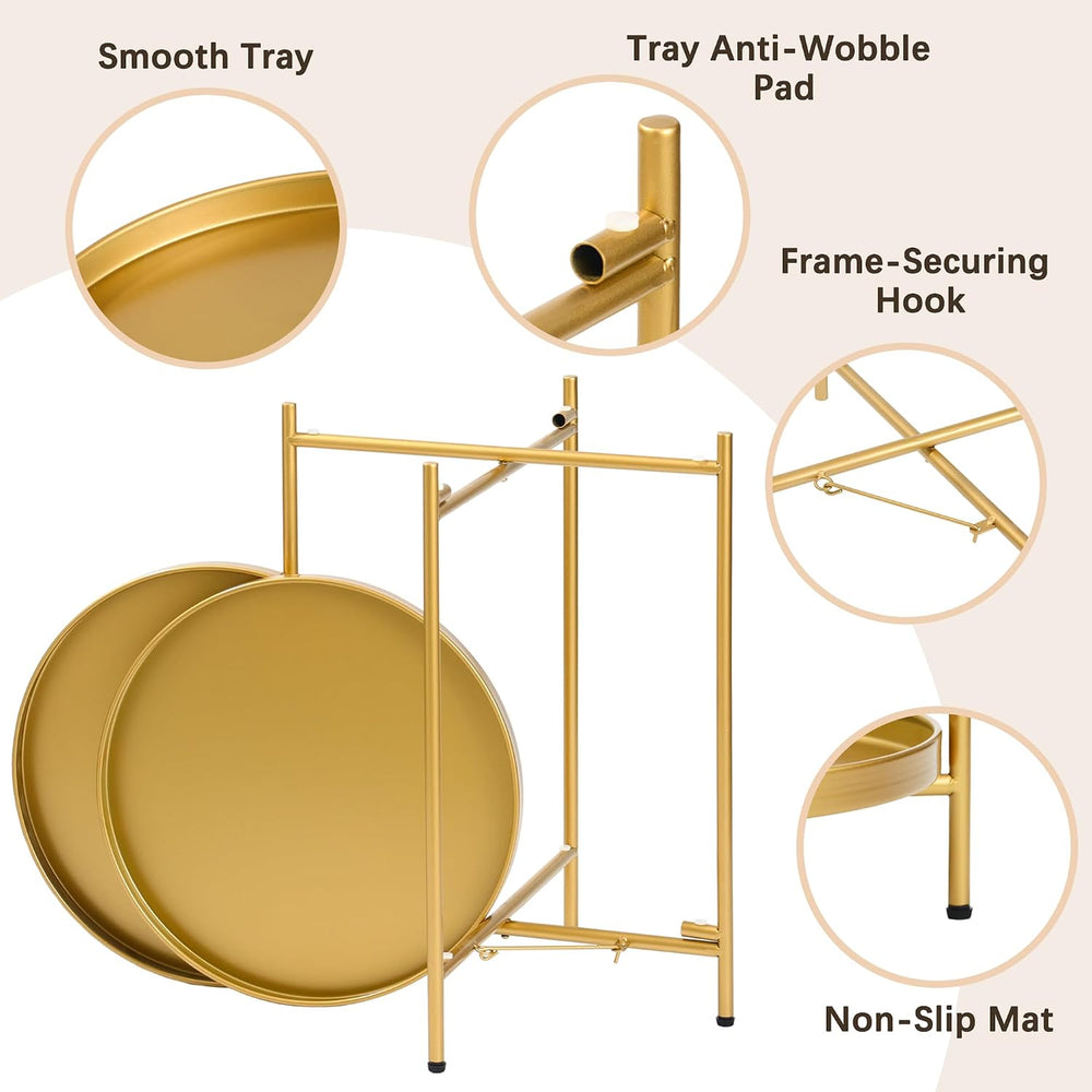 2-Tier Round End Side Table, Small Metal Side Table with Removable Tray, Fold...