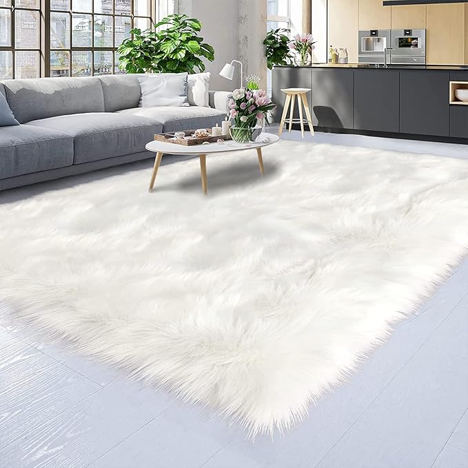 Latepis White Fur Rug 5x6.7, Faux Sheepskin Fluffy Washable Rug - Image 7