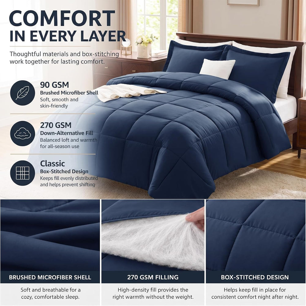 CozyLux Queen Size Comforter Set, 3-Piece Box-Stitched, Navy Blue