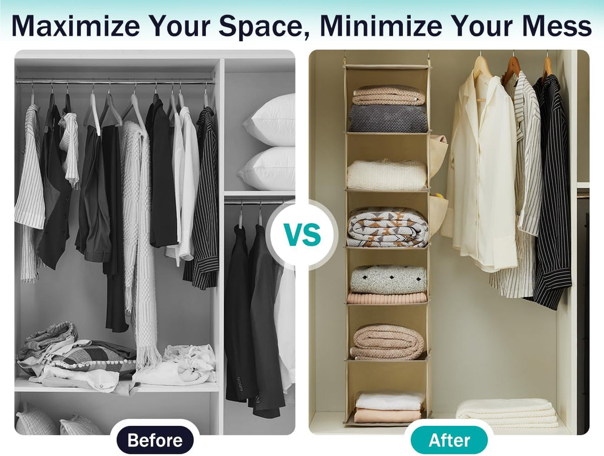youdenova hanging closet organizer and storage, 6-shelf, 2 on a desk or shelf