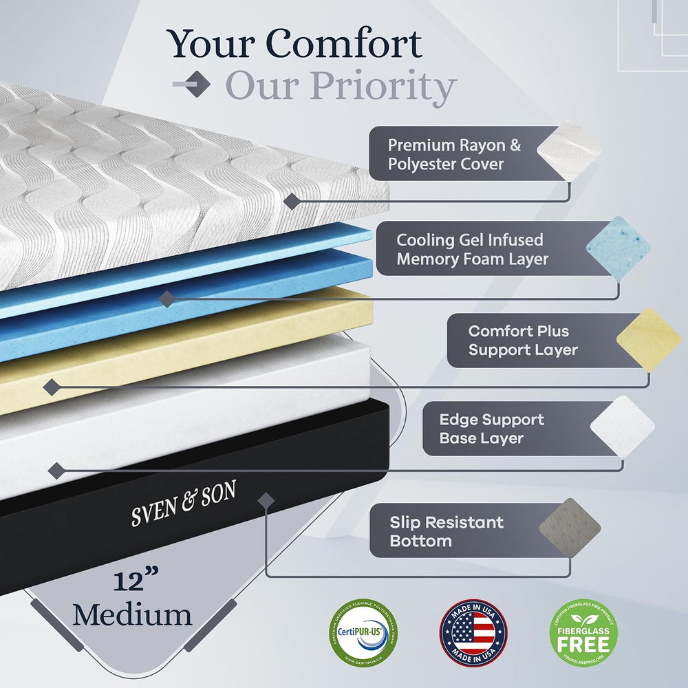 Sven & Son Platinum Adjustable Bed Base Frame + 12 inch Memory Foam Matt ...