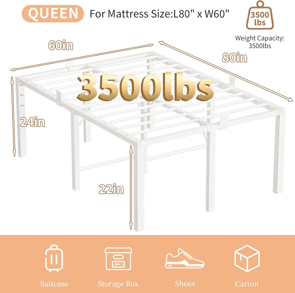 24 Inch Queen Size Tall Bed Frame, 3500 LBS Metal Platform Bed Frame, White
