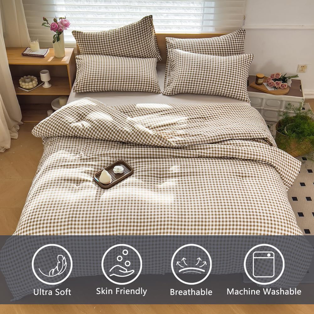 NSNLGSGC Tan Gingham Queen Comforter Set, 3 Pieces