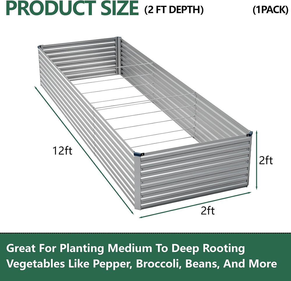 Vengarus 12x2x2ft Galvanized Raised Garden Bed,Metal Raised Beds Kit Silver
