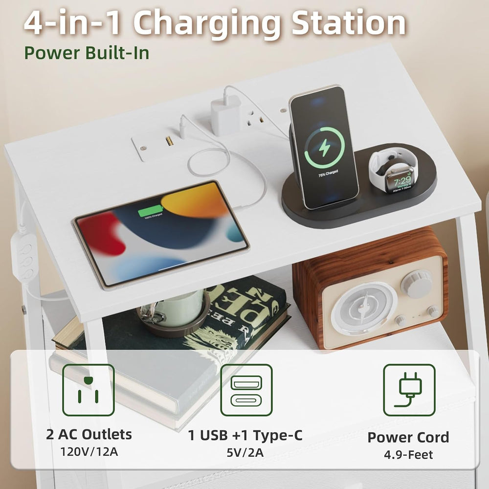 Somdot Nightstand with Charging Station, Smart LED Light, 3 Fabric Drawers