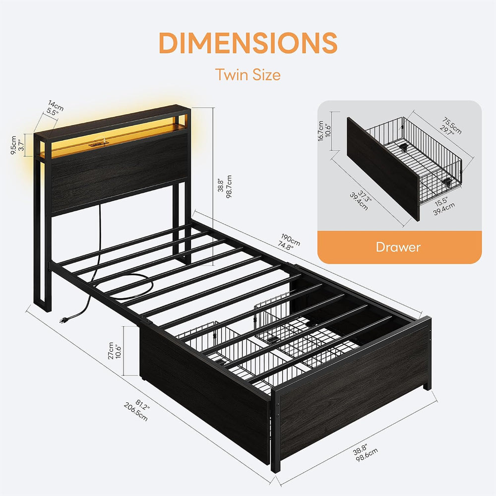 LIKIMIO Twin Bed Frame with DIY Layout Storage Drawers and LED Light
