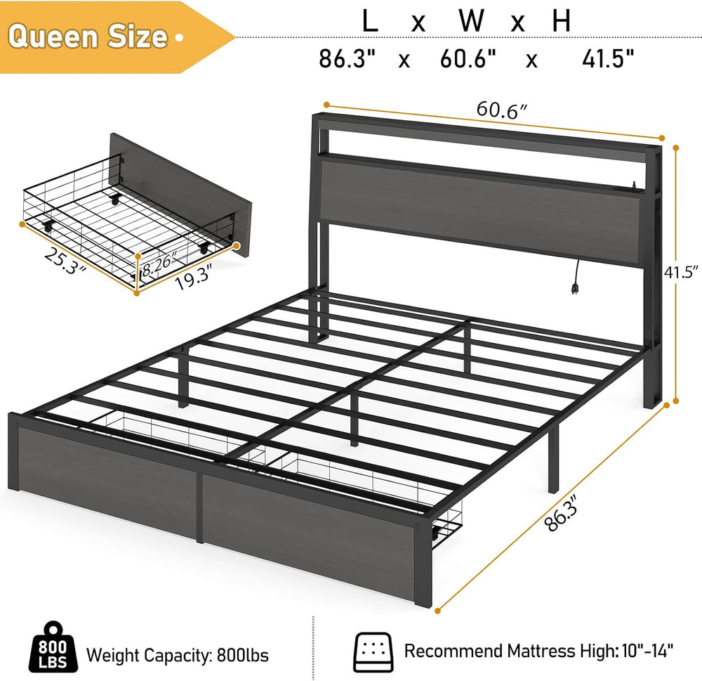 Queen Bed Frame with 2 Storage Drawers, Queen Size Bed Frame, Rustic Grey