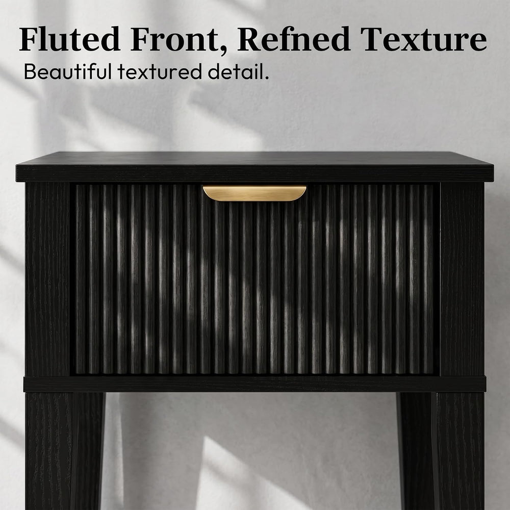 Black 15.4" Wide Small Nightstand with Drawer,Open Shelf,Fluted