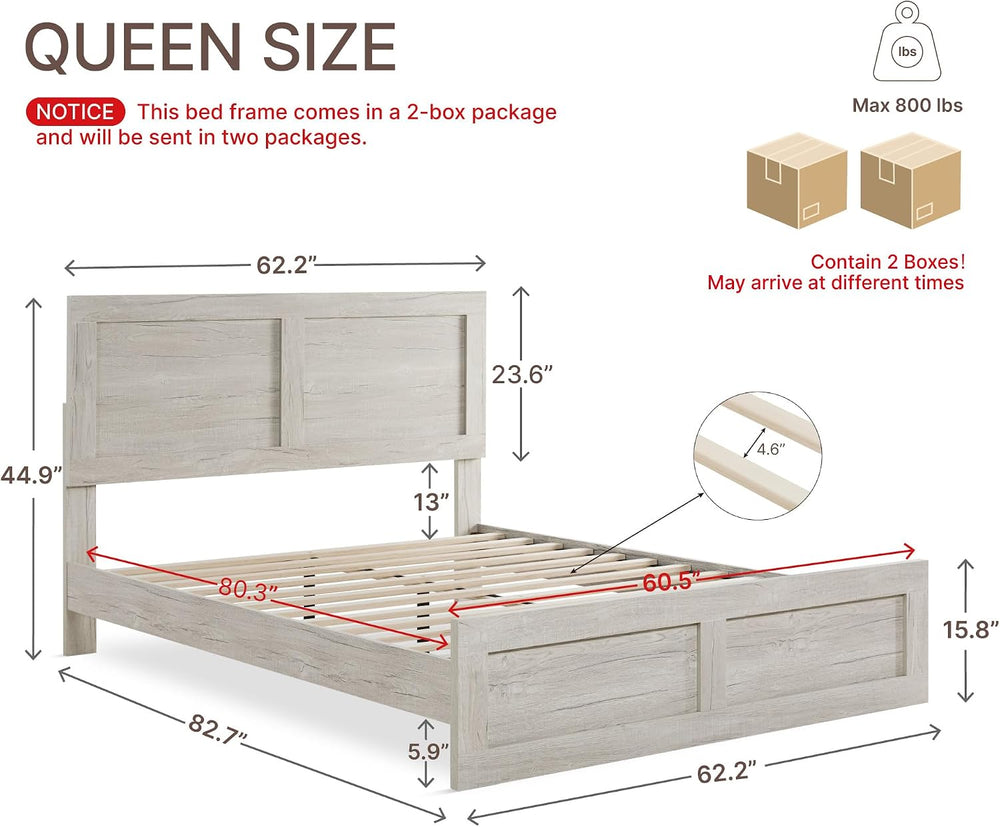KISLOT Wood Bed Frame with Headboard and Footboard, Light Gray, Queen