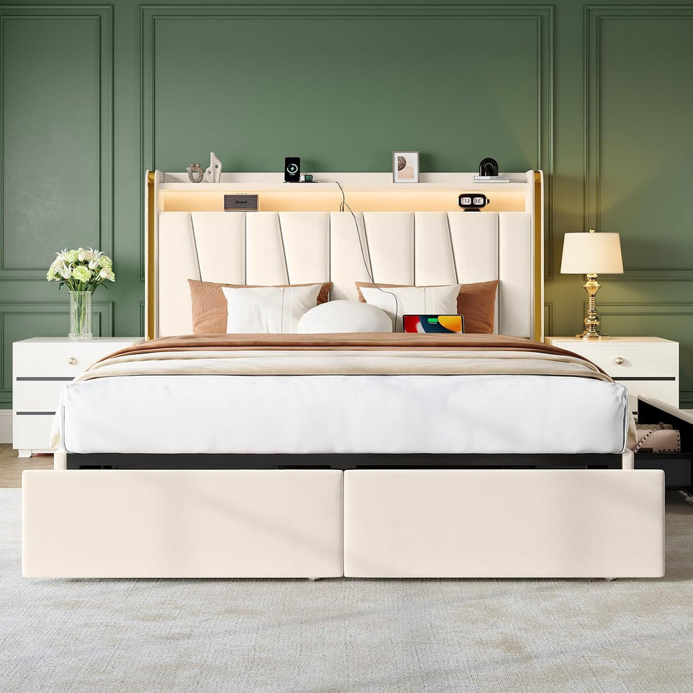 Full Size Bed Frame 4 Storage Drawers,Upholstered Headboard LED & Charging
