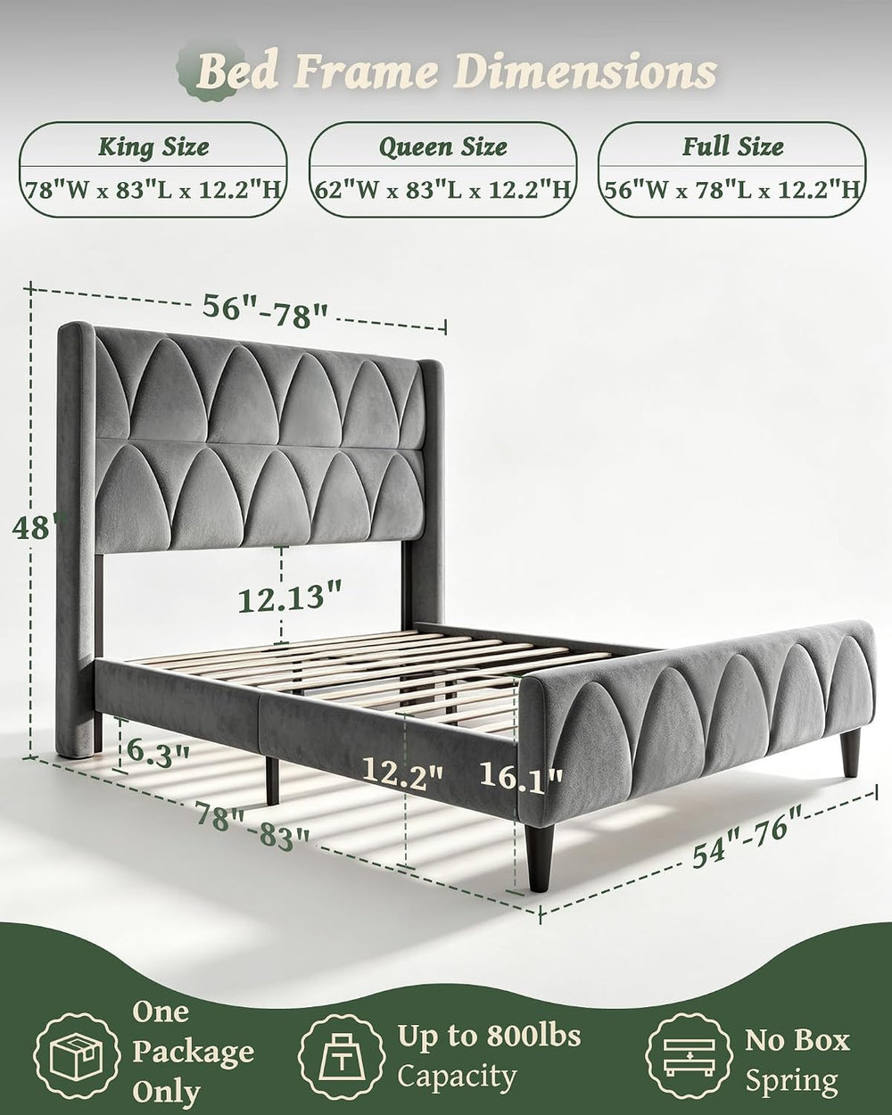 OHOHOLIVE Full Size Bed Frame Velvet Upholstered Headboard Platform Bed