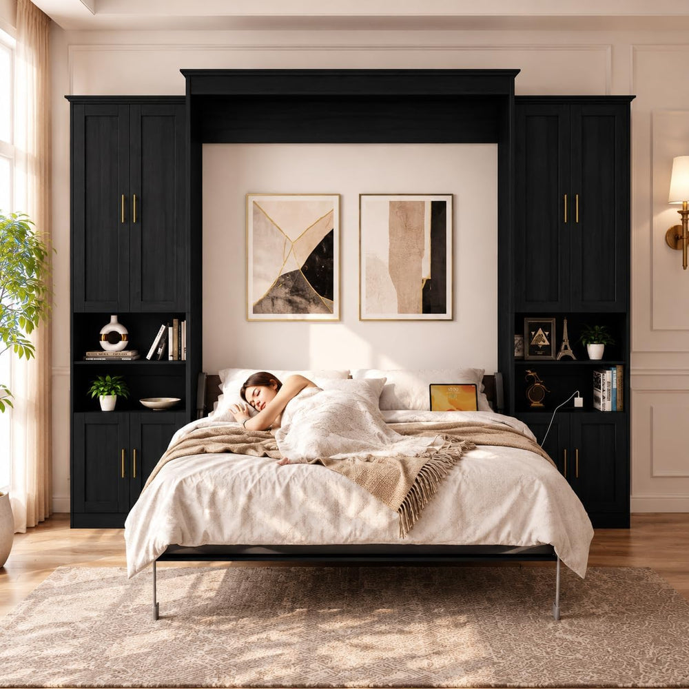 Rophefx Full Murphy Bed with 2 Side Cabinets, USB, Shelves,Black and Grey