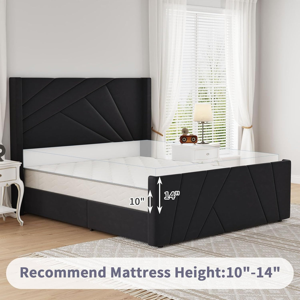 barnfurin queen bed frame with geometric wingback headboard, front angle view
