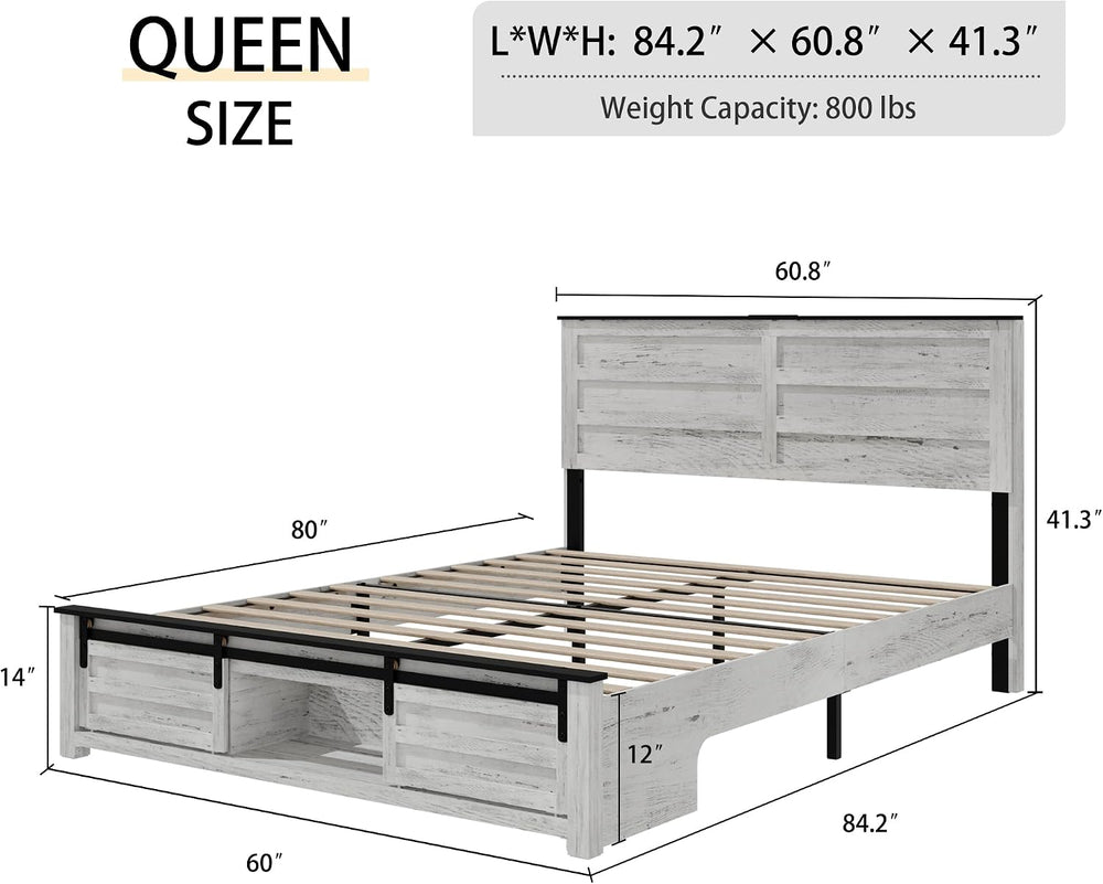Wooden Queen Bed Frame with Headboard, Farmhouse Storage, Barn Door