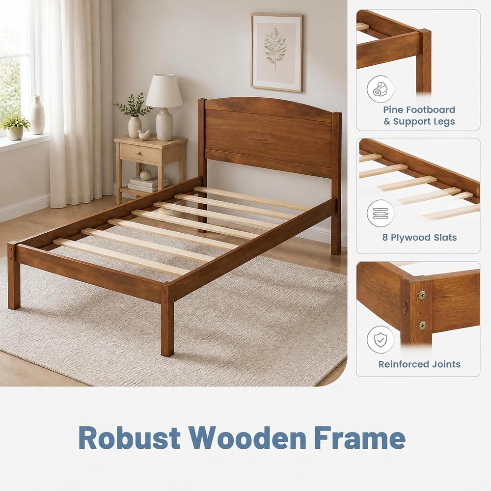 KOMFOTT Twin Size Bed Frame, Wooden Platform Bed with Curved Headboard