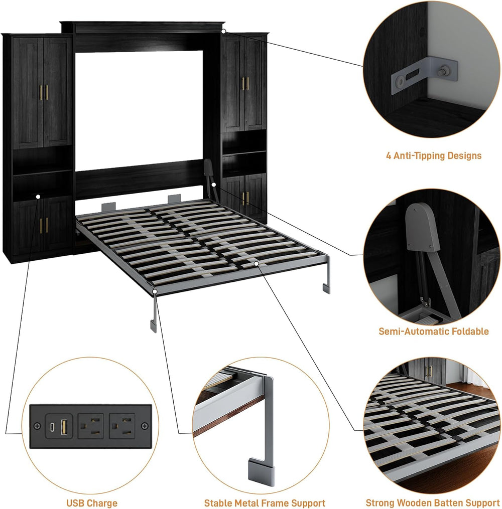 Rophefx Full Murphy Bed with 2 Side Cabinets, USB, Shelves,Black and Grey