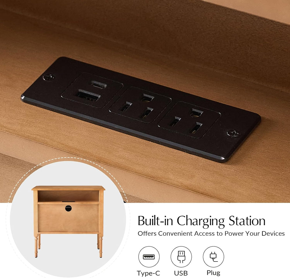 HULALA HOME Solid Wood End Table with Charging Station, Teak, Set of 2