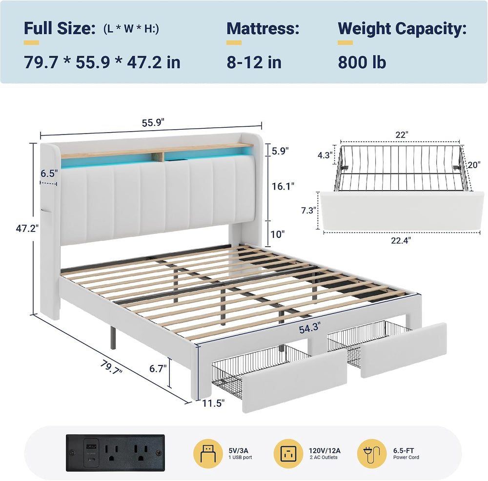 Allewie Full Size Bed Frame with 2-Tier Storage Headboard & 2 Large Drawers