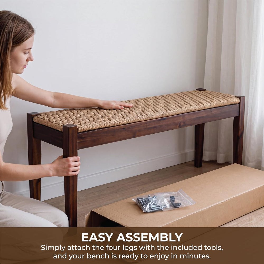Vintage Entryway Bench with Woven Rope Seat, 46" Acacia Wood, Dark Brown